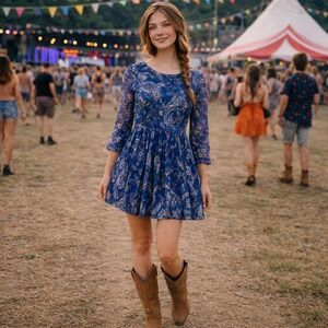 Attard State‎ Blue Paisley Floral Print Long Sleeve Fit Flare Dress Size M Boho